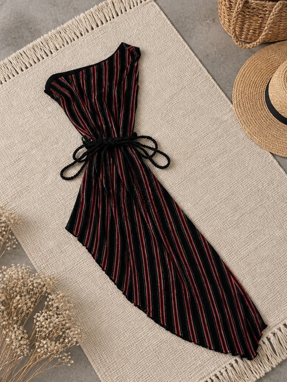 House of Harlow 1960 Black and Red Striped Asymmetrical One-Shoulder Dress